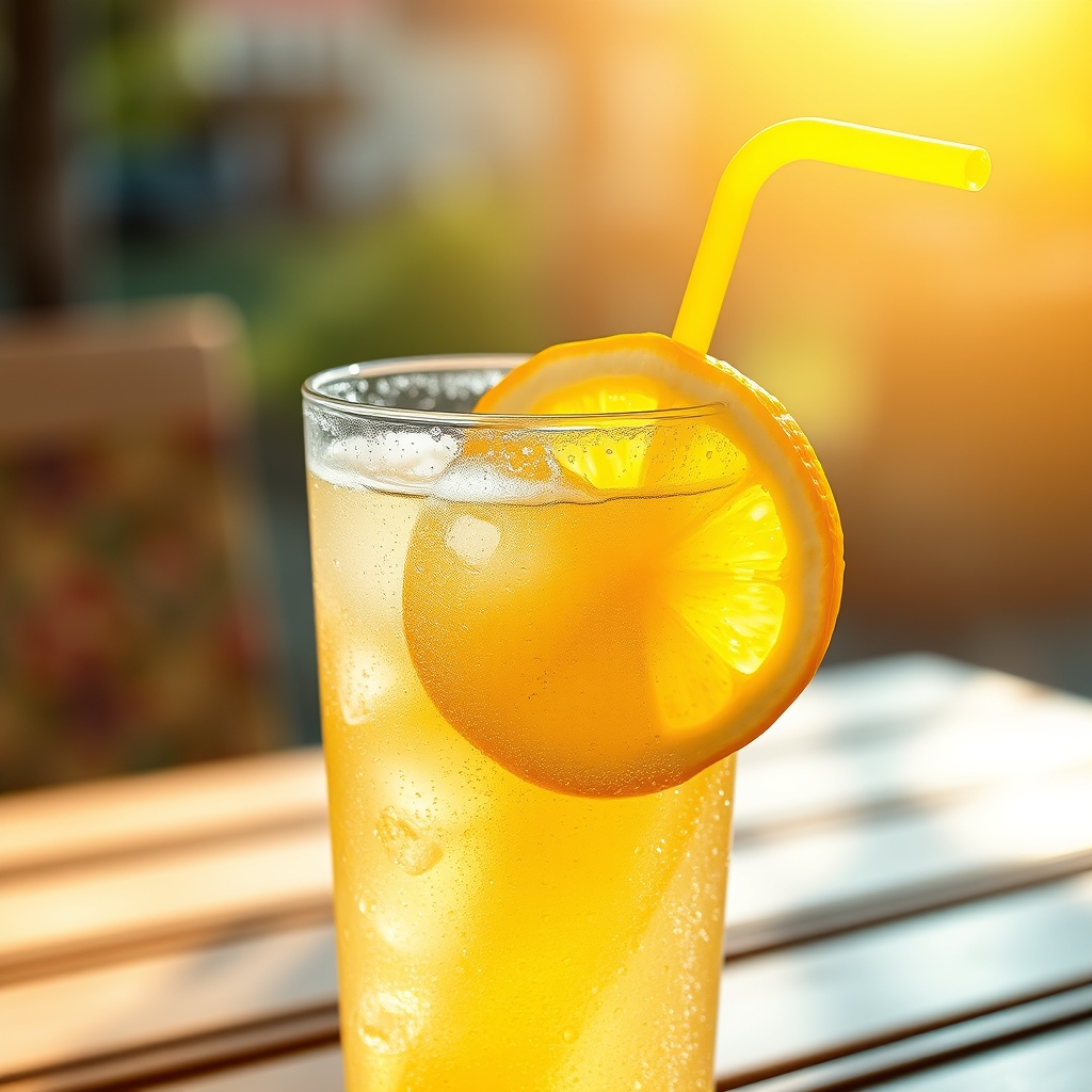 A cold glass of iced lemonade with a bendy straw and lemon slice on the rim